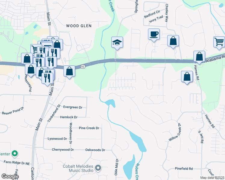 map of restaurants, bars, coffee shops, grocery stores, and more near 646 Bedford Court in Woodstock