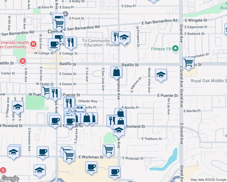 map of restaurants, bars, coffee shops, grocery stores, and more near 449 East Puente Street in Covina