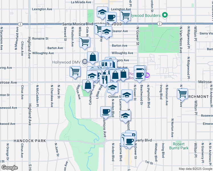 map of restaurants, bars, coffee shops, grocery stores, and more near 654 Lillian Way in Los Angeles