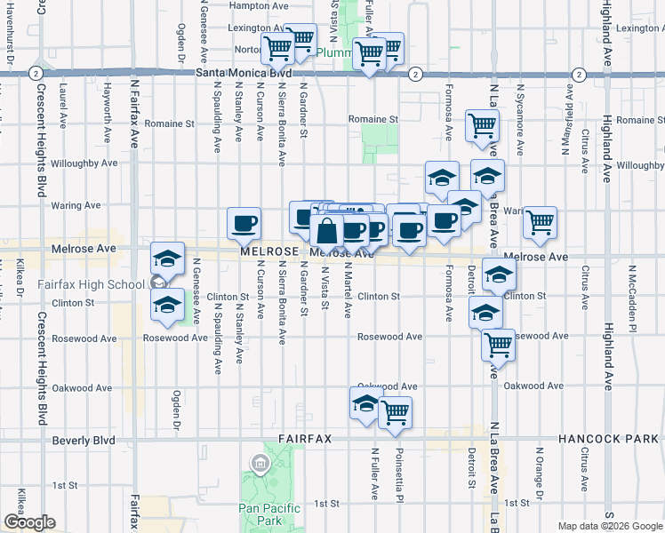 map of restaurants, bars, coffee shops, grocery stores, and more near 638 North Vista Street in Los Angeles