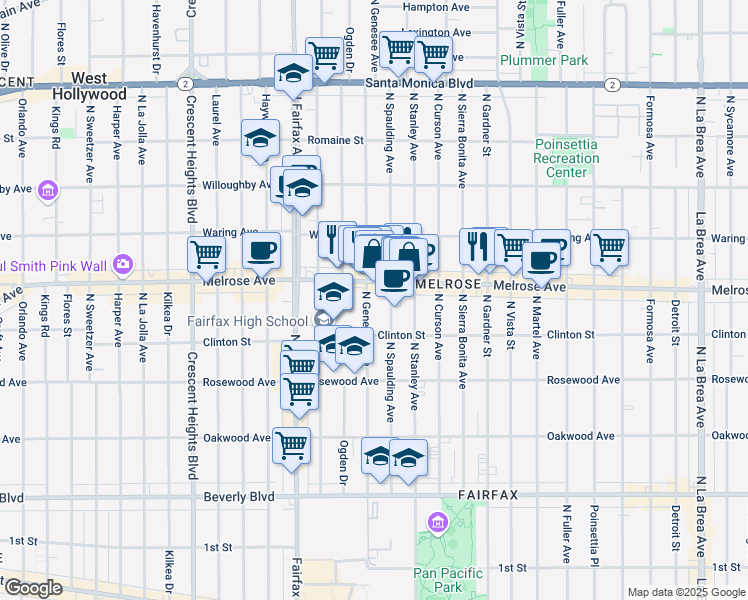 map of restaurants, bars, coffee shops, grocery stores, and more near 628 North Spaulding Avenue in Los Angeles