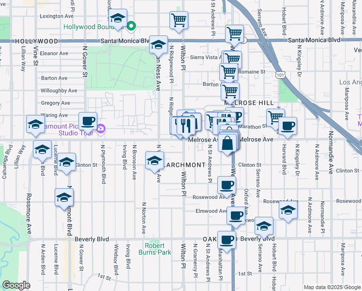 map of restaurants, bars, coffee shops, grocery stores, and more near 667 Wilton Place in Los Angeles
