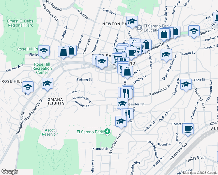 map of restaurants, bars, coffee shops, grocery stores, and more near 4807 Converse Street in Los Angeles
