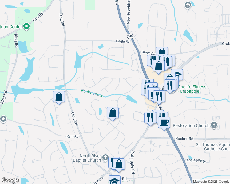 map of restaurants, bars, coffee shops, grocery stores, and more near 660 Summer Grass Lane in Roswell