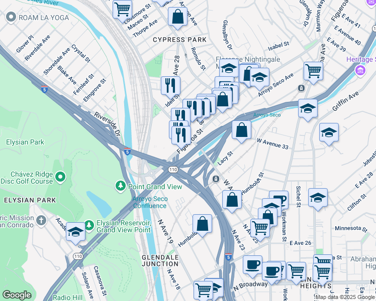 map of restaurants, bars, coffee shops, grocery stores, and more near 2224 N Figueroa St in Los Angeles