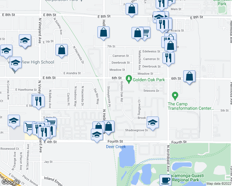 map of restaurants, bars, coffee shops, grocery stores, and more near 9383 Biscayne Drive in Rancho Cucamonga
