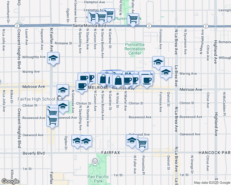 map of restaurants, bars, coffee shops, grocery stores, and more near 641 North Vista Street in Los Angeles