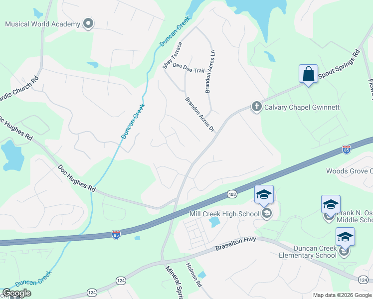 map of restaurants, bars, coffee shops, grocery stores, and more near 2155 Well Springs Drive in Buford
