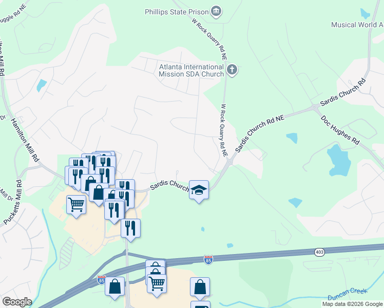 map of restaurants, bars, coffee shops, grocery stores, and more near 2730 Ogden Trail in Buford