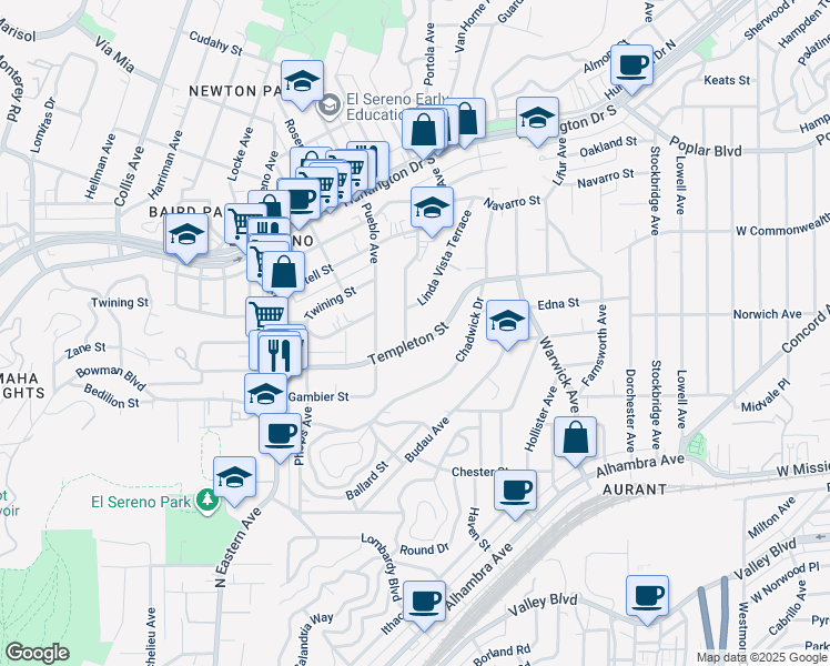map of restaurants, bars, coffee shops, grocery stores, and more near 3214 Portola Avenue in Los Angeles
