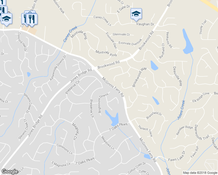map of restaurants, bars, coffee shops, grocery stores, and more near 410 Brightmore Downs in Alpharetta