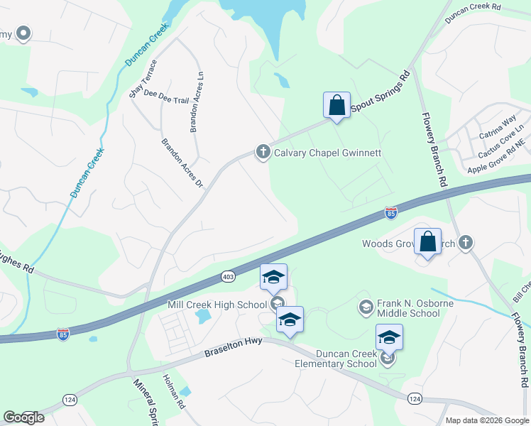 map of restaurants, bars, coffee shops, grocery stores, and more near 2110 Oakpointe Court in Buford