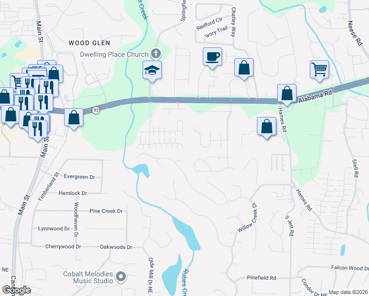 map of restaurants, bars, coffee shops, grocery stores, and more near 740 Bedford Court in Woodstock