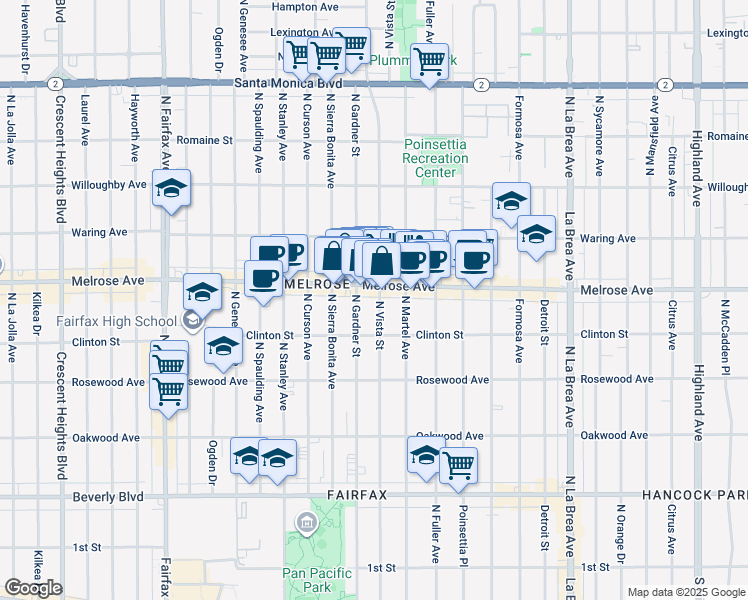 map of restaurants, bars, coffee shops, grocery stores, and more near 643 North Vista Street in Los Angeles