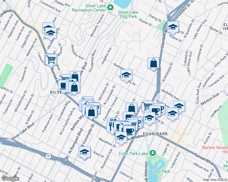 map of restaurants, bars, coffee shops, grocery stores, and more near 1414 North Coronado Street in Los Angeles