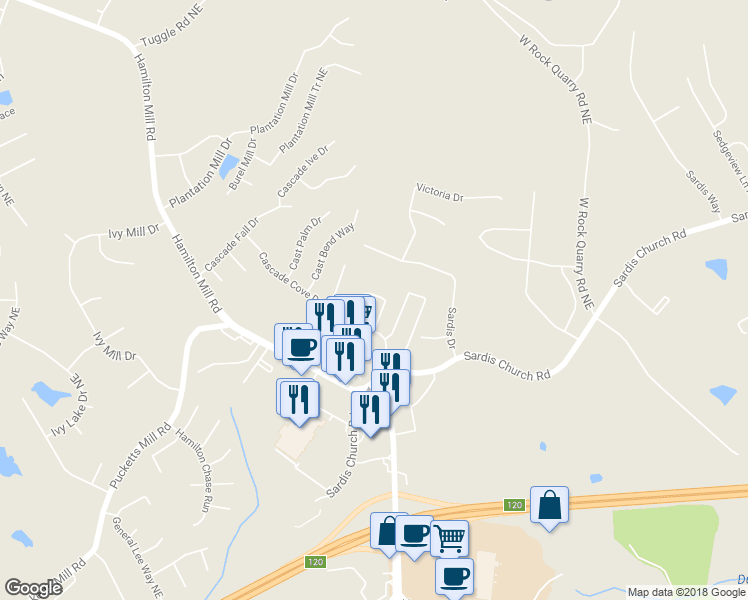 map of restaurants, bars, coffee shops, grocery stores, and more near 3421 Sardis Bend Drive in Buford