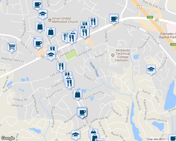 map of restaurants, bars, coffee shops, grocery stores, and more near 704 Woodcreek Court in Columbia