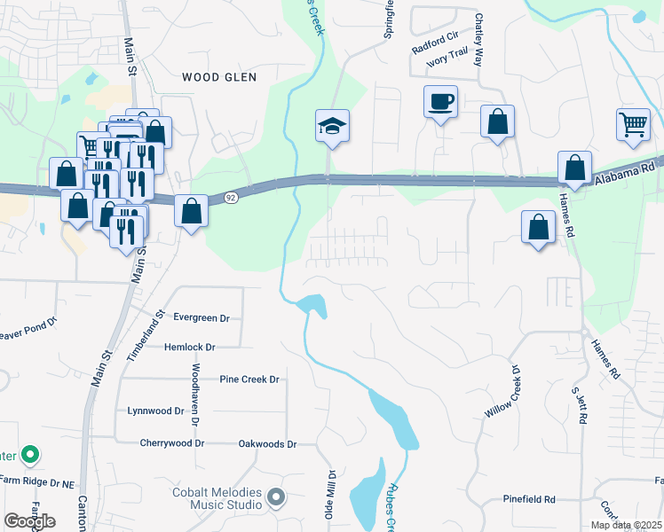 map of restaurants, bars, coffee shops, grocery stores, and more near 646 Bedford Court in Woodstock