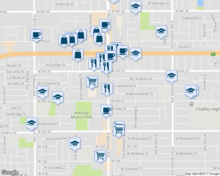 map of restaurants, bars, coffee shops, grocery stores, and more near 1063 West Hawthorne Street in Ontario
