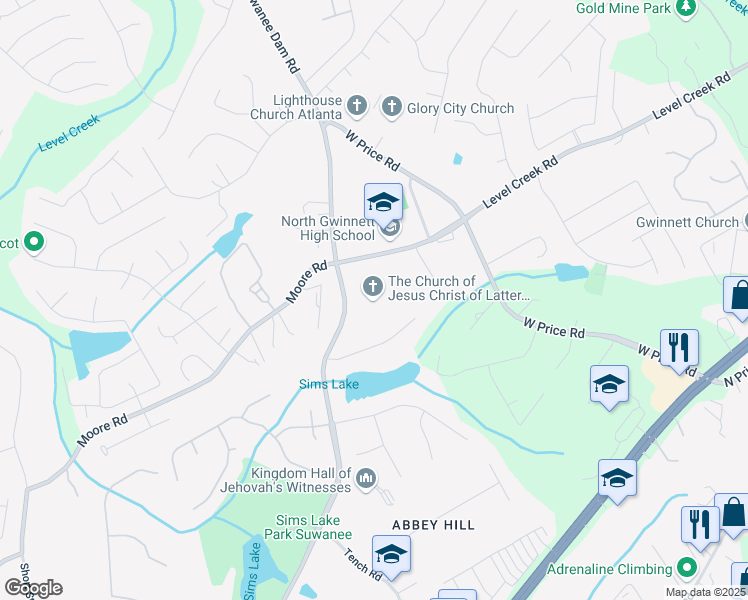 map of restaurants, bars, coffee shops, grocery stores, and more near 4833 Suwanee Dam Road in Suwanee