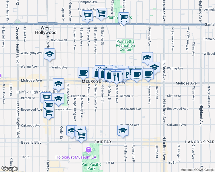 map of restaurants, bars, coffee shops, grocery stores, and more near 643 North Vista Street in Los Angeles