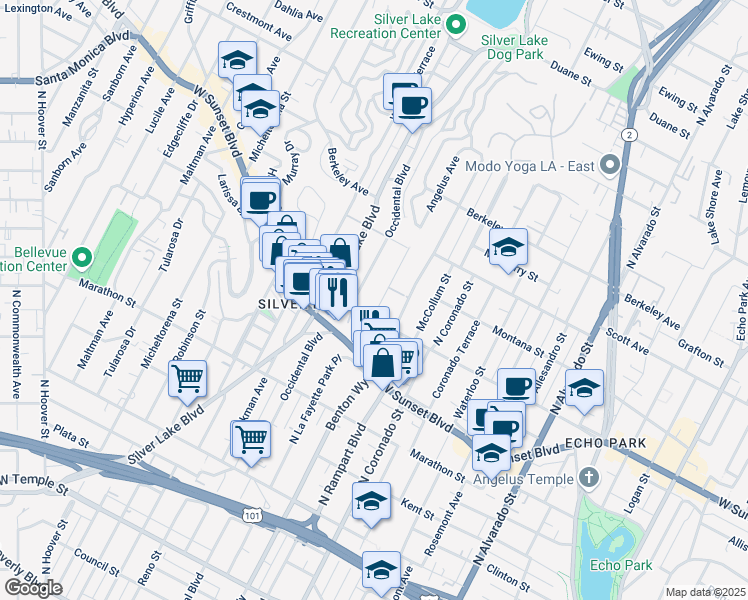 map of restaurants, bars, coffee shops, grocery stores, and more near 1315 Angelus Avenue in Los Angeles