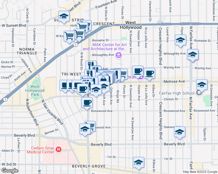 map of restaurants, bars, coffee shops, grocery stores, and more near in Los Angeles