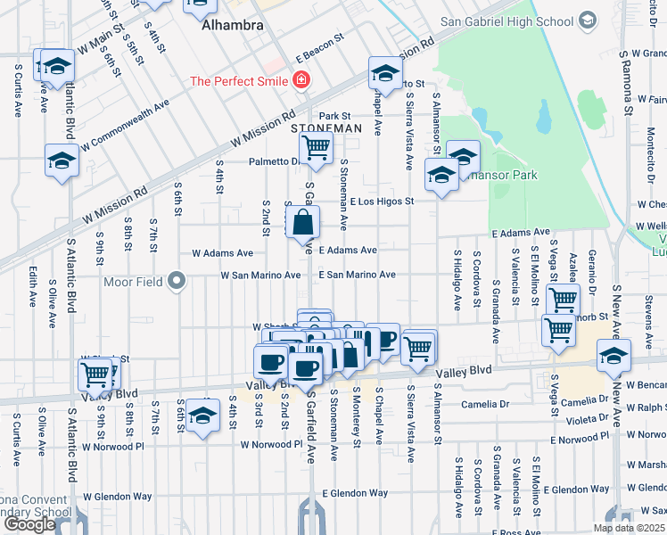 map of restaurants, bars, coffee shops, grocery stores, and more near 25 East San Marino Avenue in Alhambra