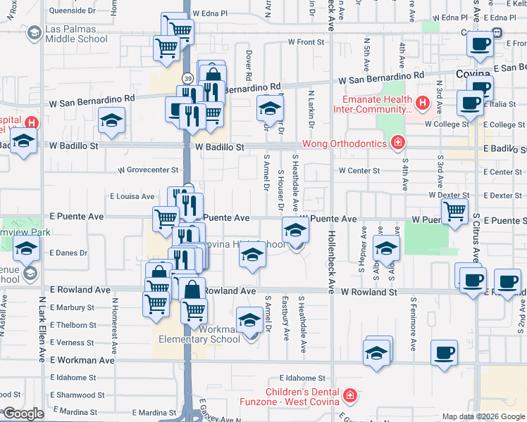 map of restaurants, bars, coffee shops, grocery stores, and more near 341 South Armel Drive in Covina