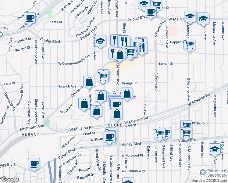 map of restaurants, bars, coffee shops, grocery stores, and more near 1003 Fremont Avenue in Alhambra