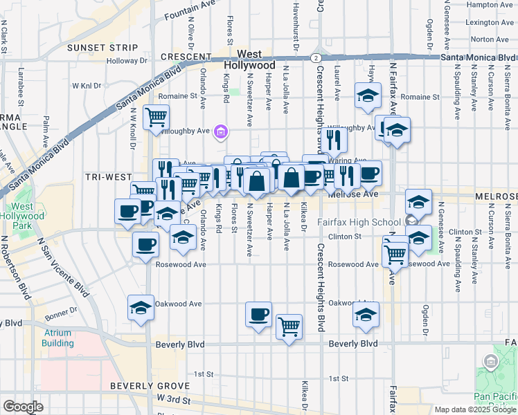 map of restaurants, bars, coffee shops, grocery stores, and more near 660 North Sweetzer Avenue in West Hollywood
