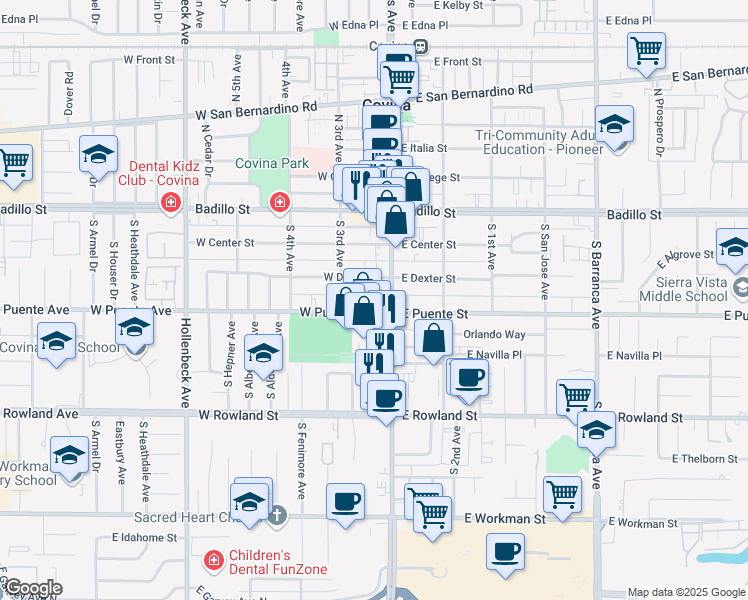 map of restaurants, bars, coffee shops, grocery stores, and more near 152 West Puente Street in Covina