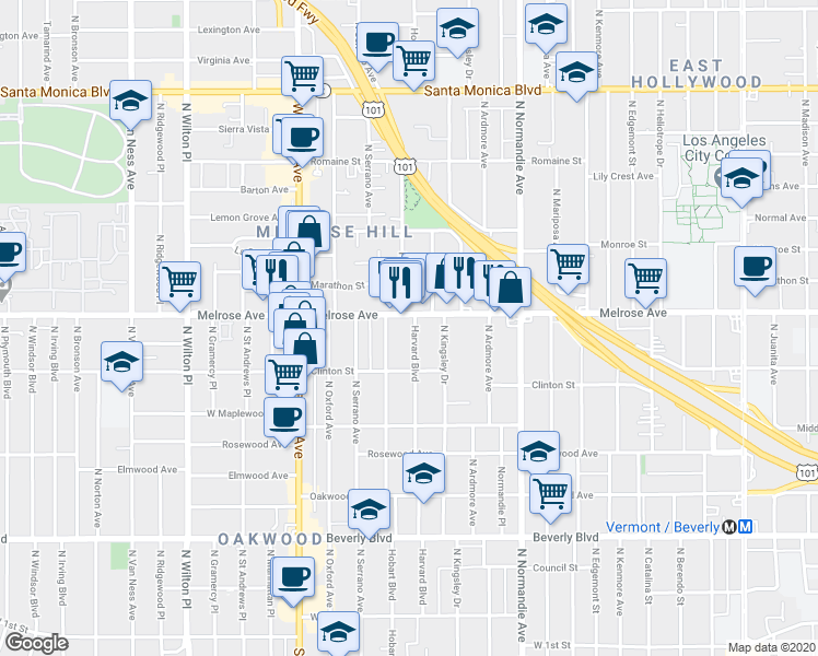 map of restaurants, bars, coffee shops, grocery stores, and more near 649 North Harvard Boulevard in Los Angeles