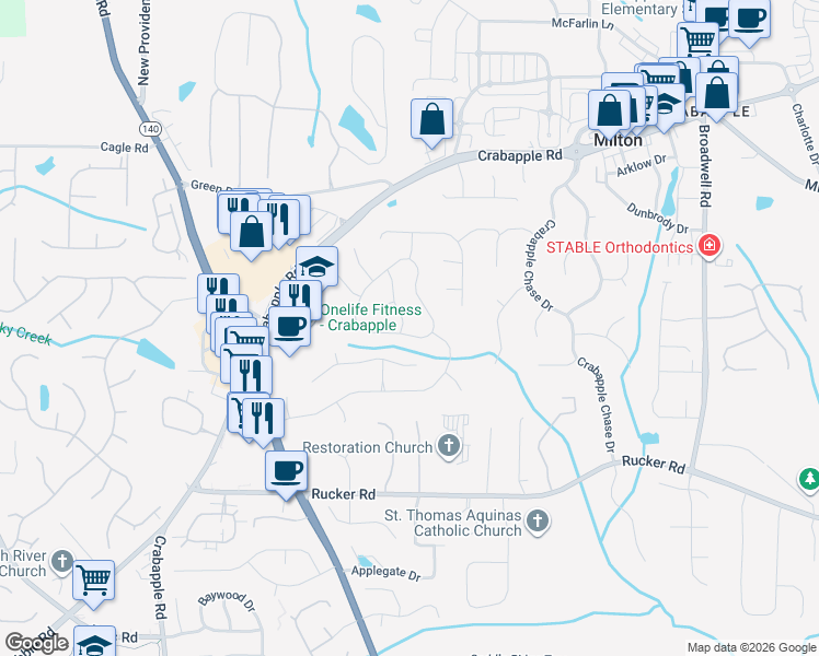 map of restaurants, bars, coffee shops, grocery stores, and more near 1070 Malbrough Drive in Alpharetta