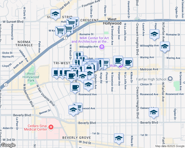 map of restaurants, bars, coffee shops, grocery stores, and more near in Los Angeles