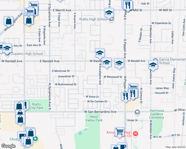 map of restaurants, bars, coffee shops, grocery stores, and more near 1945 West Westwind Street in Colton