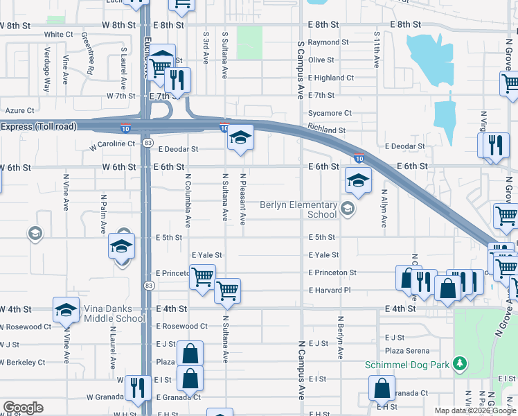 map of restaurants, bars, coffee shops, grocery stores, and more near 610 East Hawthorne Street in Ontario