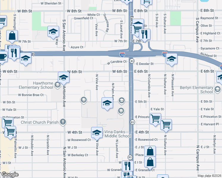map of restaurants, bars, coffee shops, grocery stores, and more near 1353 North Palm Avenue in Ontario
