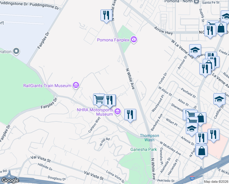 map of restaurants, bars, coffee shops, grocery stores, and more near 1101 West McKinley Avenue in Pomona