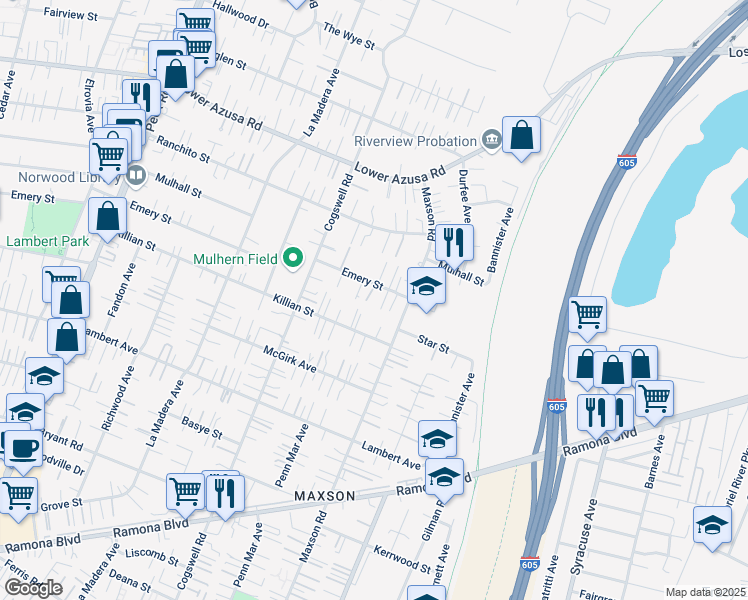map of restaurants, bars, coffee shops, grocery stores, and more near 12140 Emery Street in El Monte