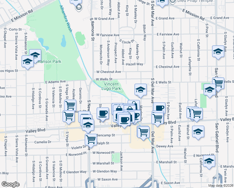 map of restaurants, bars, coffee shops, grocery stores, and more near 1400 Prospect Avenue in San Gabriel