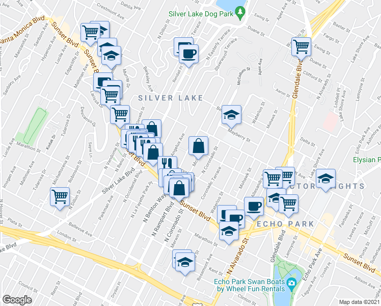map of restaurants, bars, coffee shops, grocery stores, and more near 1337 North Benton Way in Los Angeles