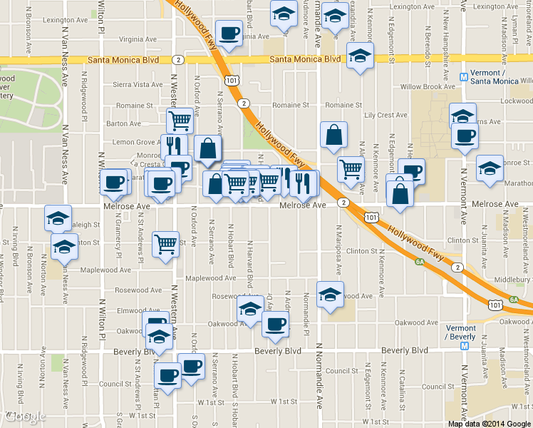 map of restaurants, bars, coffee shops, grocery stores, and more near in Los Angeles