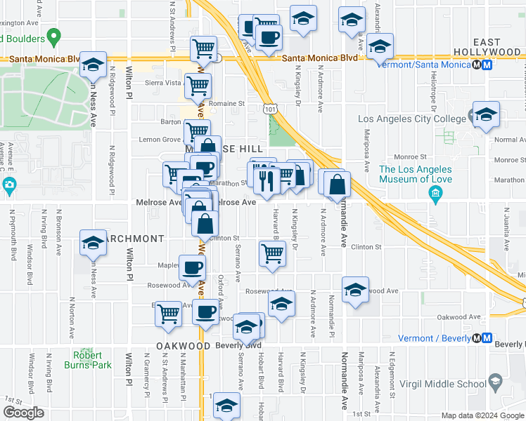 map of restaurants, bars, coffee shops, grocery stores, and more near in Los Angeles