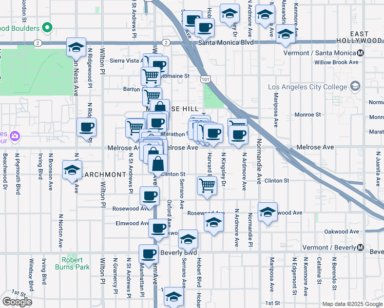 map of restaurants, bars, coffee shops, grocery stores, and more near 648 North Serrano Avenue in Los Angeles