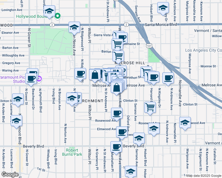 map of restaurants, bars, coffee shops, grocery stores, and more near 648 North Saint Andrews Place in Los Angeles
