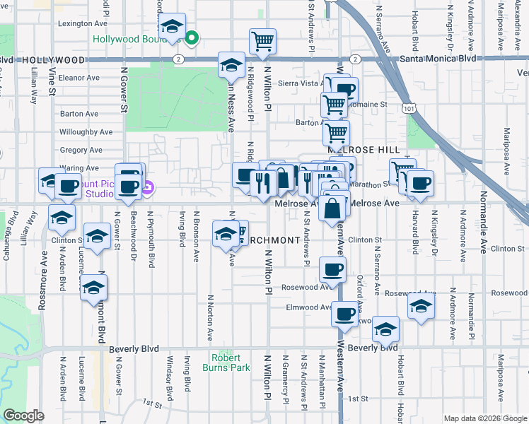 map of restaurants, bars, coffee shops, grocery stores, and more near in Los Angeles
