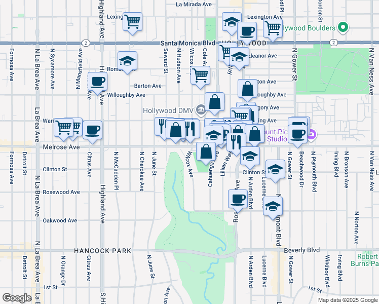 map of restaurants, bars, coffee shops, grocery stores, and more near 5944 Melrose Avenue in Los Angeles