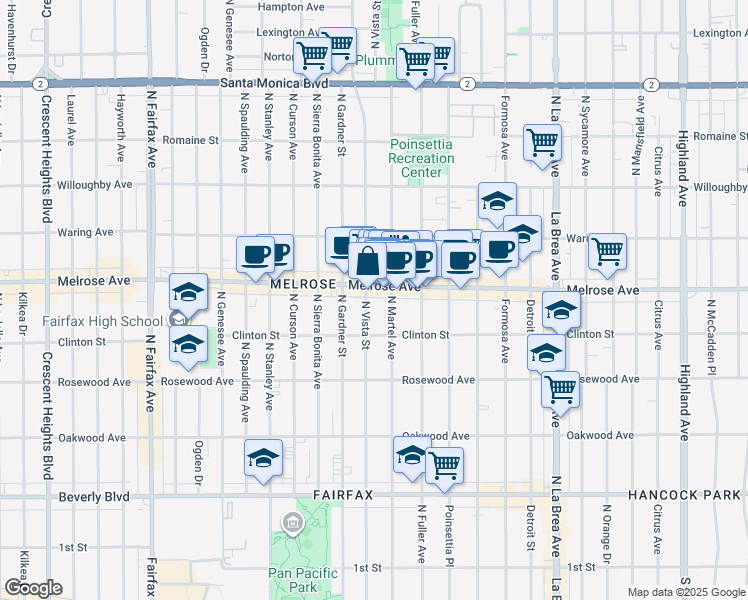 map of restaurants, bars, coffee shops, grocery stores, and more near 7403 Melrose Avenue in Los Angeles
