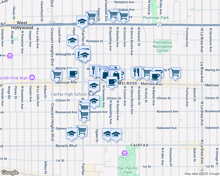 map of restaurants, bars, coffee shops, grocery stores, and more near 628 North Spaulding Avenue in Los Angeles